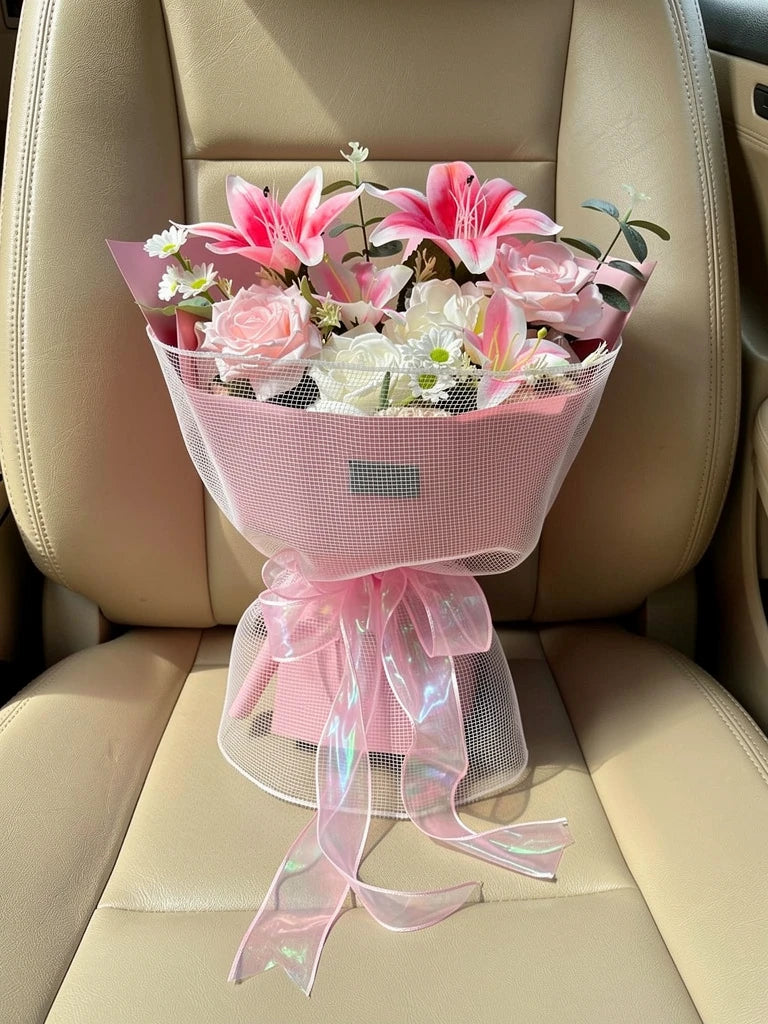 Coral Lily Rose Bouquet, Medium, high-angle car-seat view; AI lifestyle illustration
