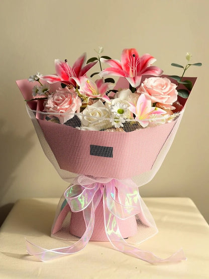 Coral Lily Rose Bouquet, Medium, front view; AI design illustration