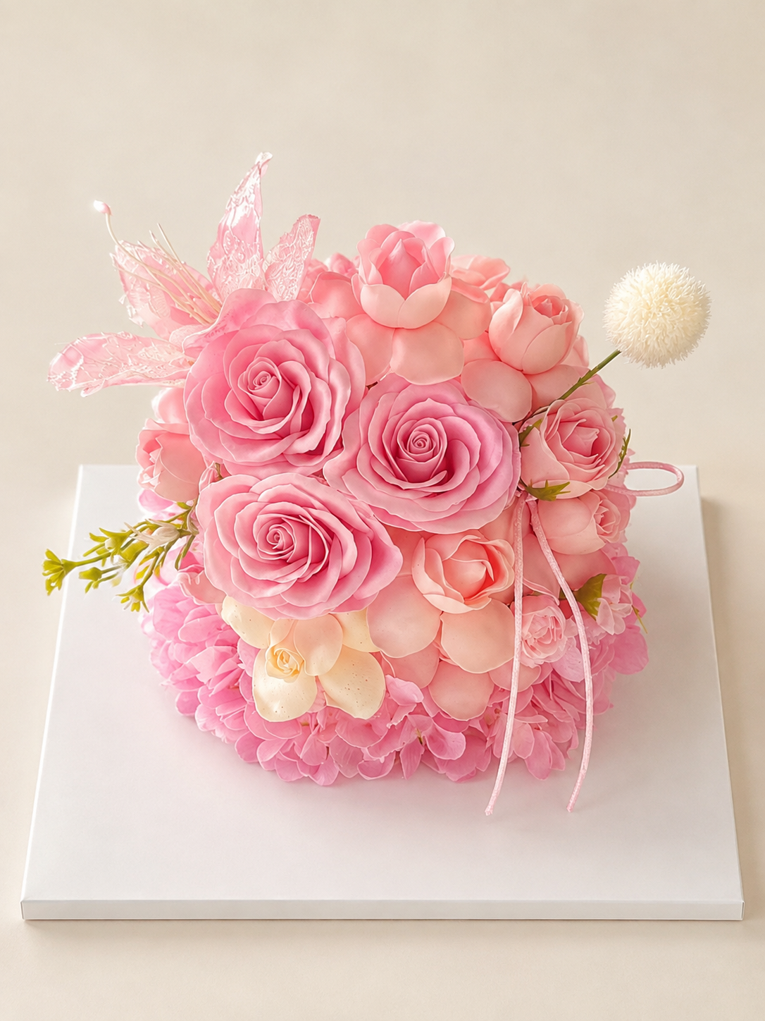 Coral Rose Celebration Flower Cake, front view; AI design illustration