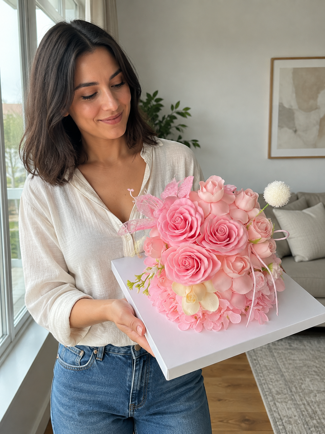 Coral Rose Celebration Flower Cake, person-held angled view; AI design illustration