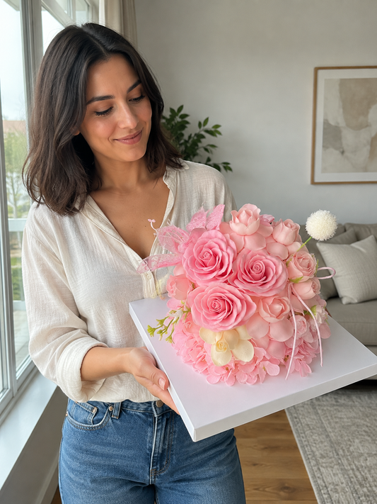 Coral Rose Celebration Flower Cake, person-held angled view; AI design illustration
