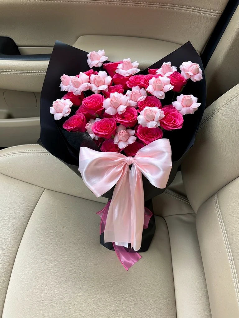 Crimson Blossom Statement Bouquet, Medium, high-angle car-seat view; AI lifestyle illustration