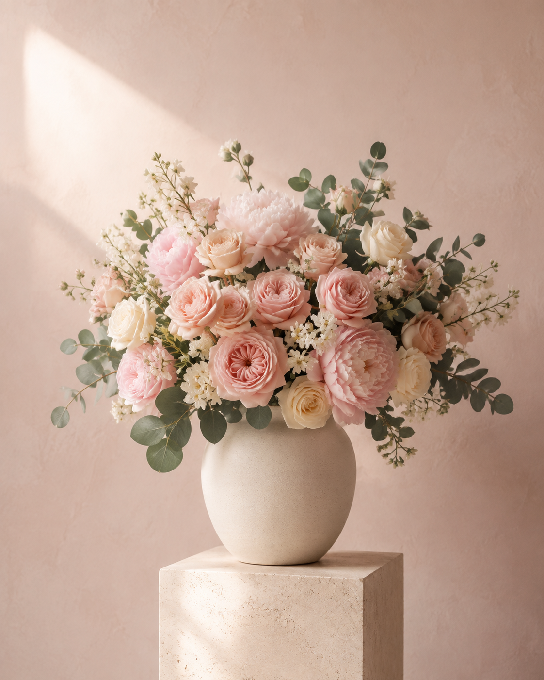 Blush pink and ivory silk flowers in a ceramic vase