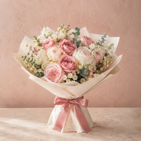 Blush and ivory silk gift bouquet with pink ribbon