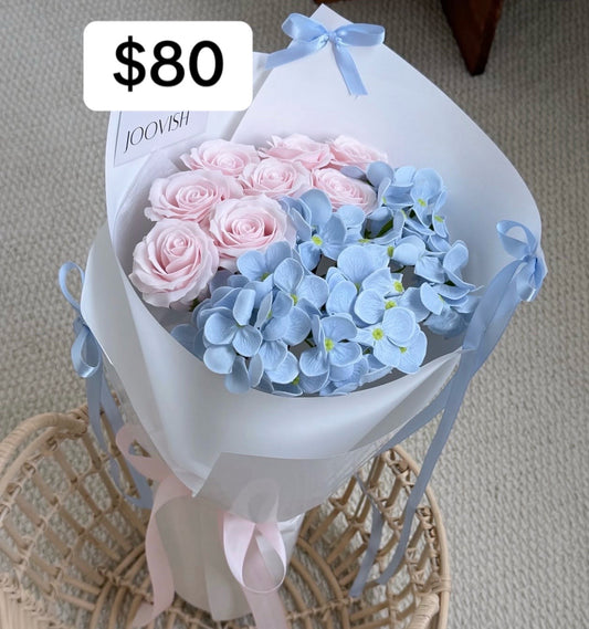 Blue Hydrangea Blush Rose Bouquet – design reference photo