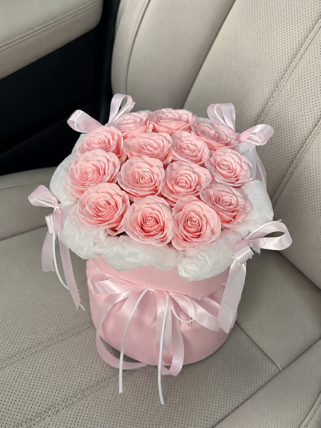 Blush Rose Ribbon Flower Gift Box – Blush Pink Box – AI-assisted high-angle parked car view