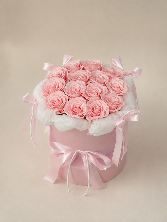 Blush Rose Ribbon Flower Gift Box – Blush Pink Box – AI-assisted front view