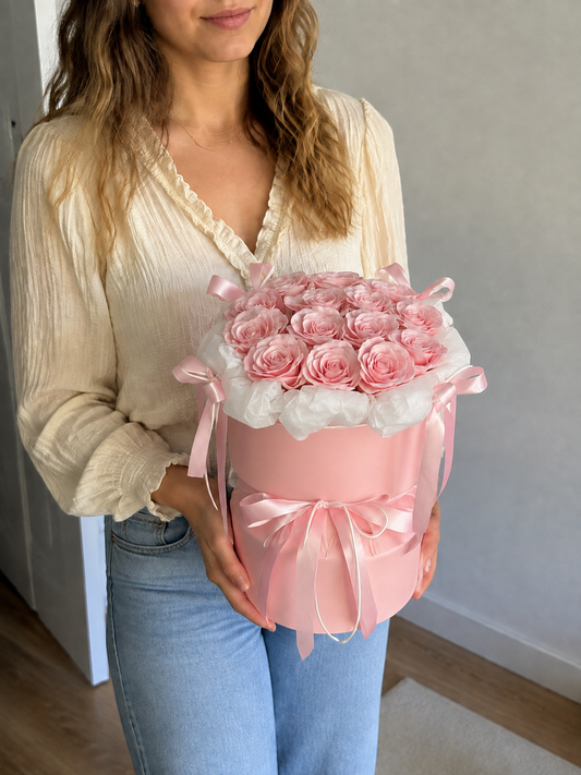 Blush Rose Ribbon Flower Gift Box – Blush Pink Box – AI-assisted model-held angled view