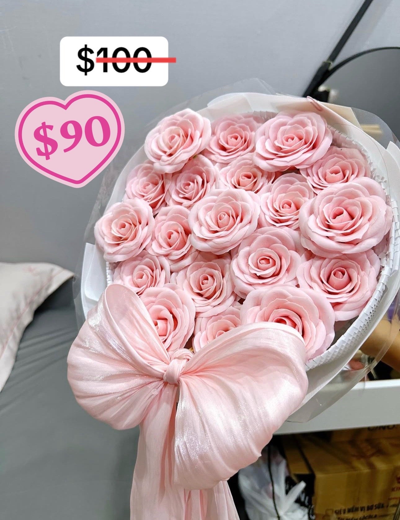 Classic Pink Rose Satin Bow Bouquet – design reference photo