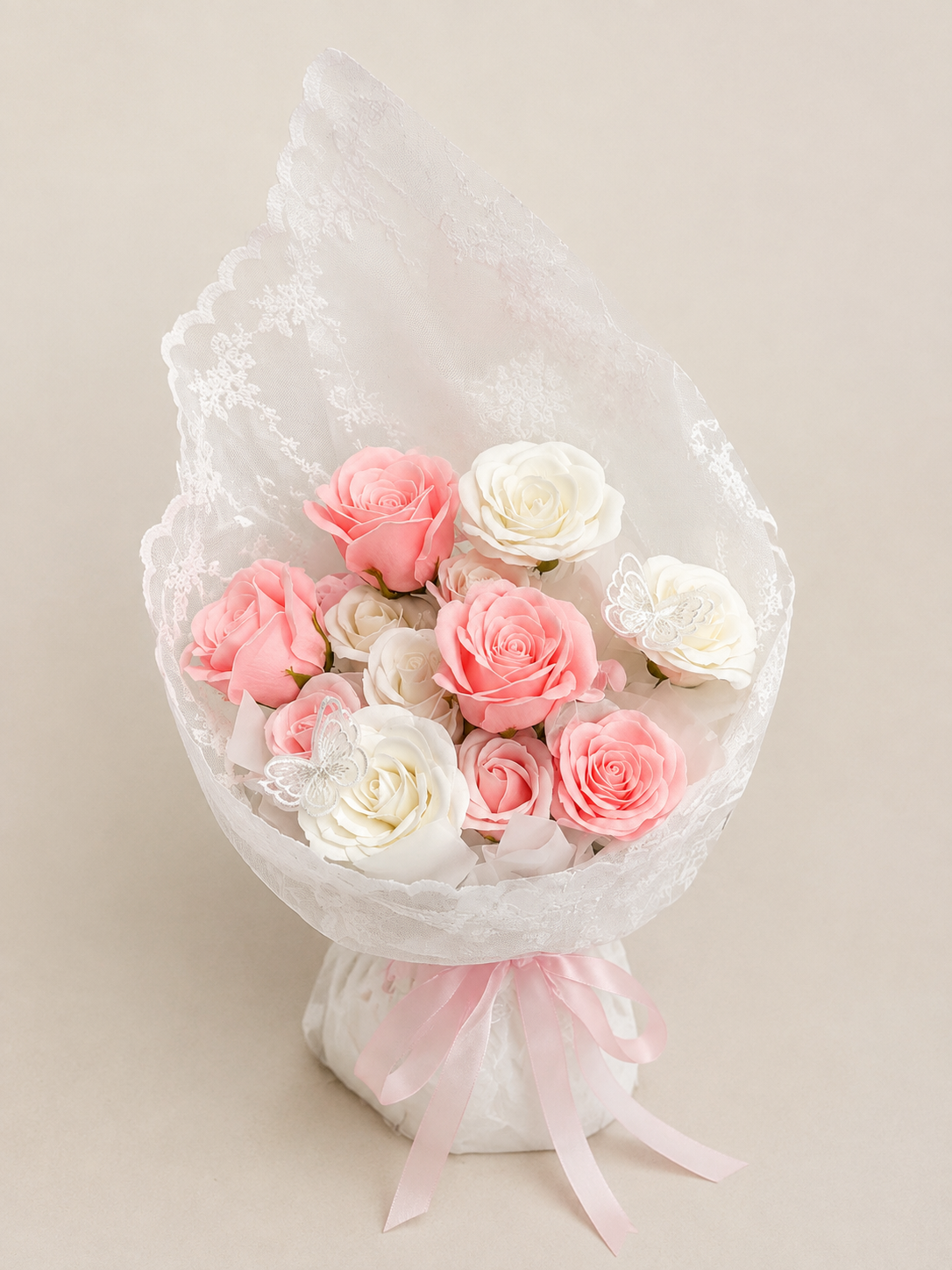 Coral Ivory Rose Lace Bouquet – front product view