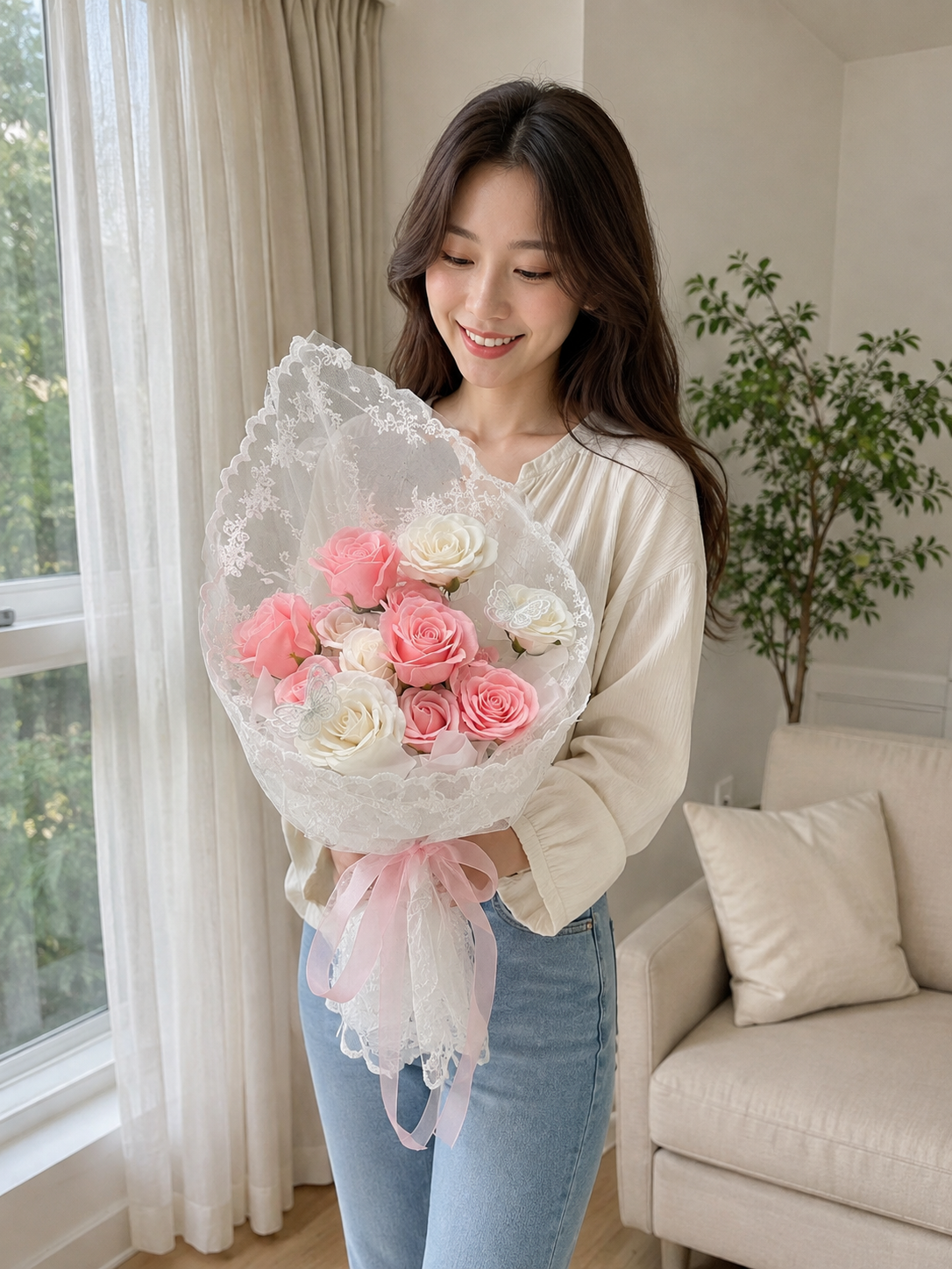 Coral Ivory Rose Lace Bouquet – AI-assisted model holding bouquet at an angle