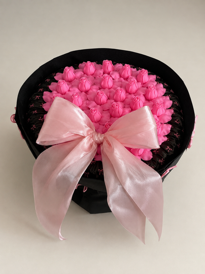 Hot Pink Rosebud Midnight Bow Bouquet – front product view