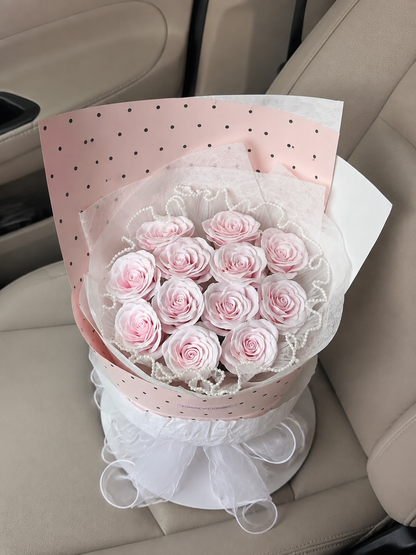 Pastel Rose Polka Dot Bouquet – Blush Pink – AI-assisted high-angle parked car view