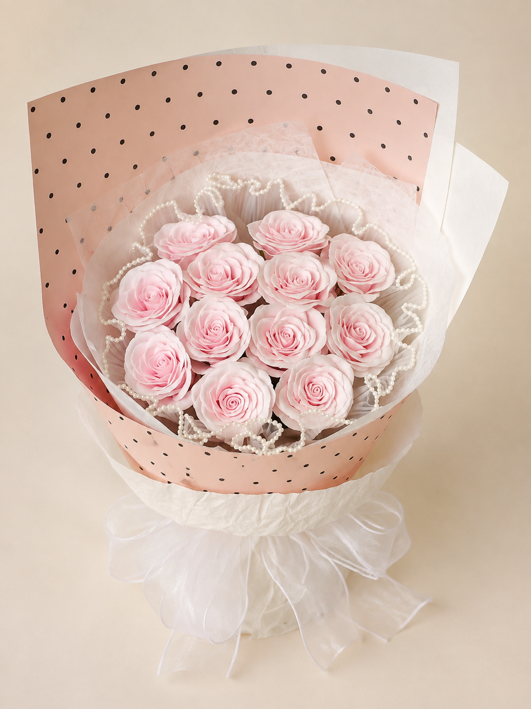 Pastel Rose Polka Dot Bouquet – Blush Pink – AI-assisted front view