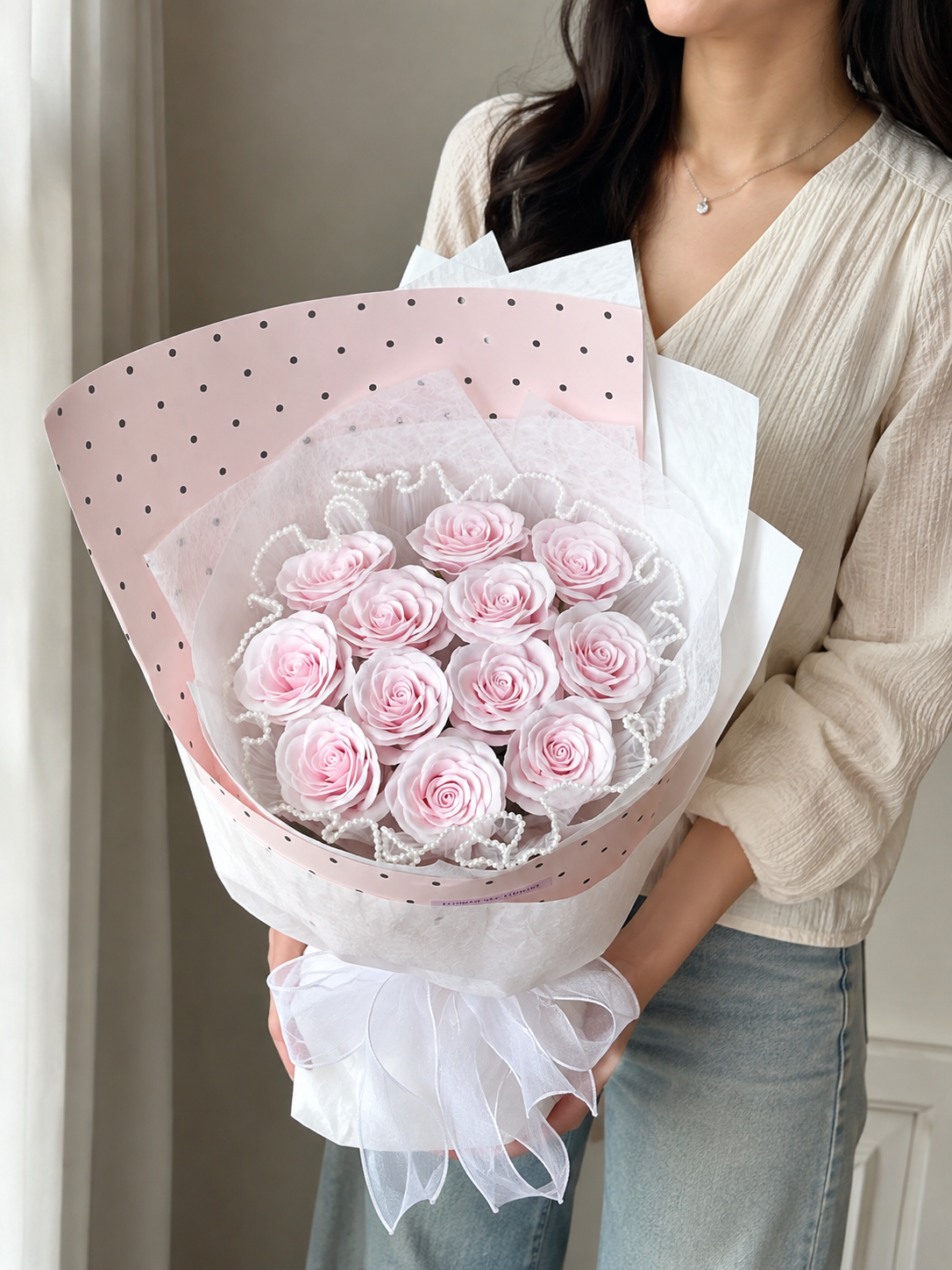 Pastel Rose Polka Dot Bouquet – Blush Pink – AI-assisted model-held angled view