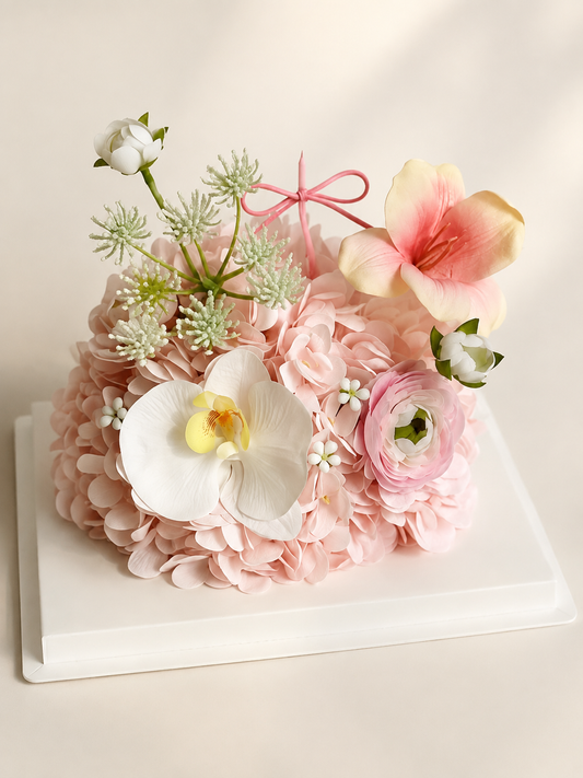 Petal Party Flower Cake – Blush Pink decorative flower cake, not edible – AI-assisted front view