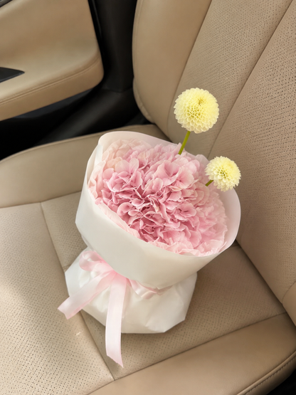 Petite Hydrangea Cloud Mini Bouquet – Blush Pink Small – AI-assisted high-angle parked car view
