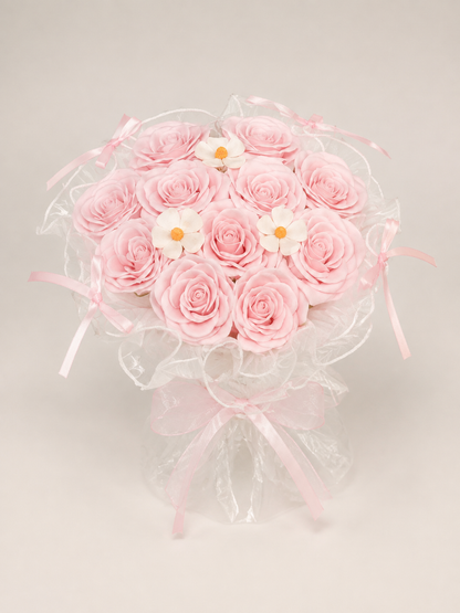 Petite Pink Rose Daisy Pearl Bouquet — front view; AI-assisted design illustration