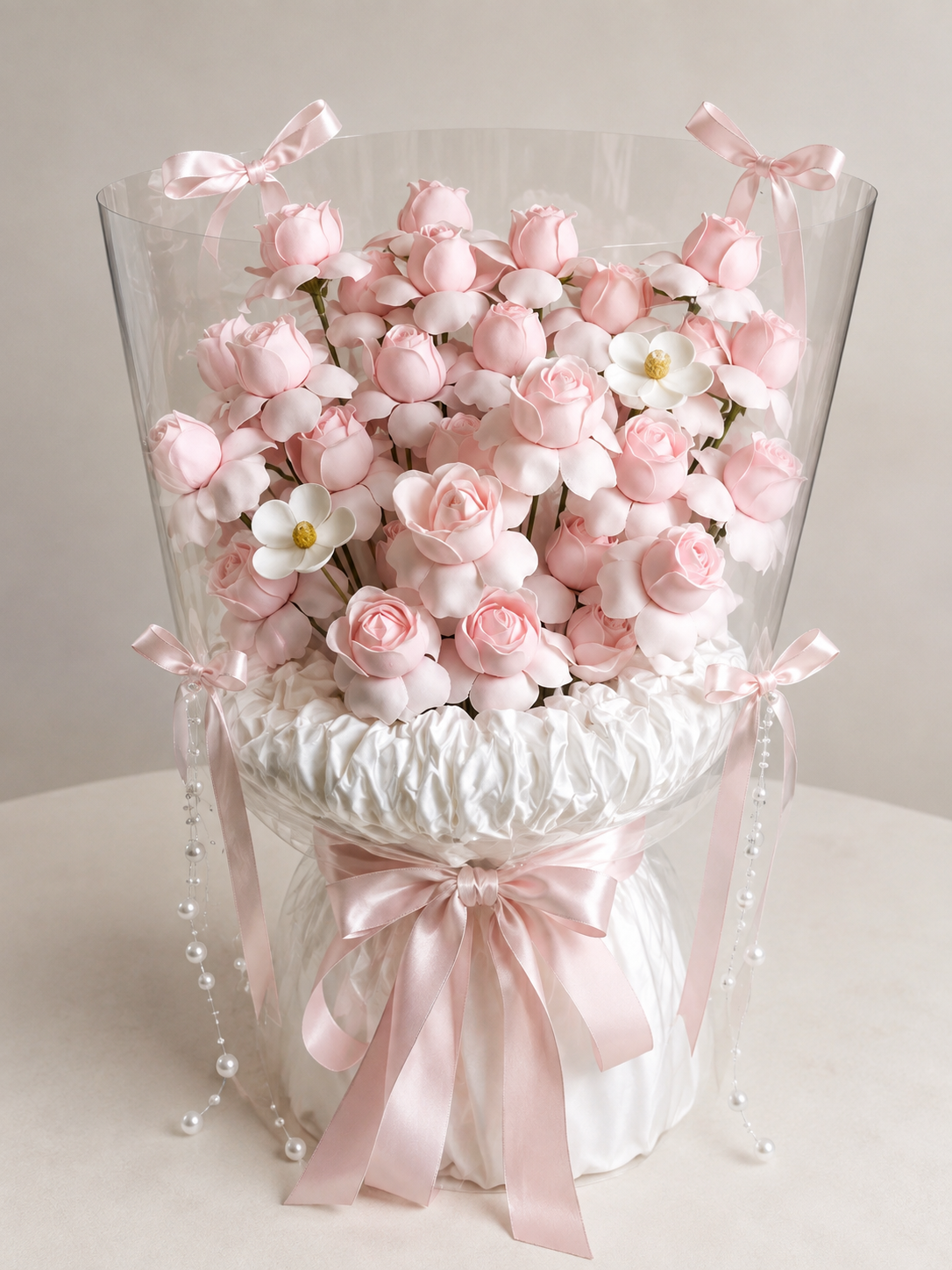 Pink Blossom Daisy Ribbon Frame Bouquet – front product view