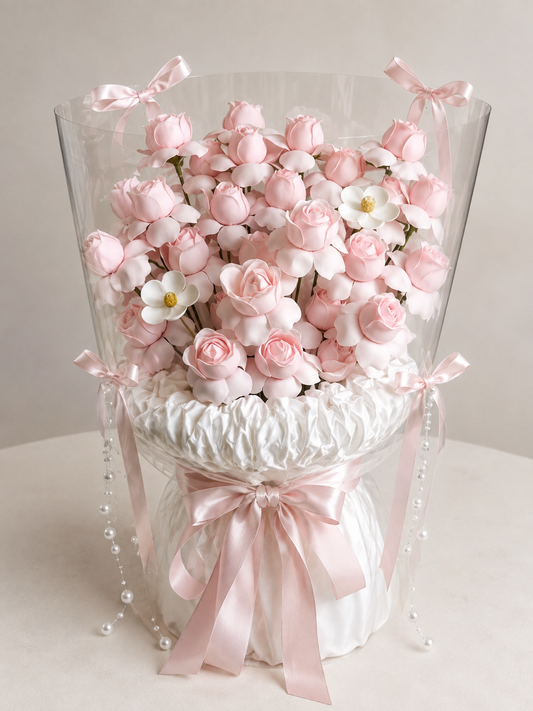 Pink Blossom Daisy Ribbon Frame Bouquet – front product view