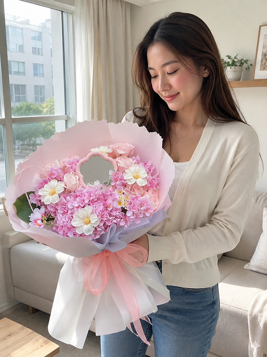 Pink Heart Message Garden Bouquet – AI-assisted model holding bouquet at an angle