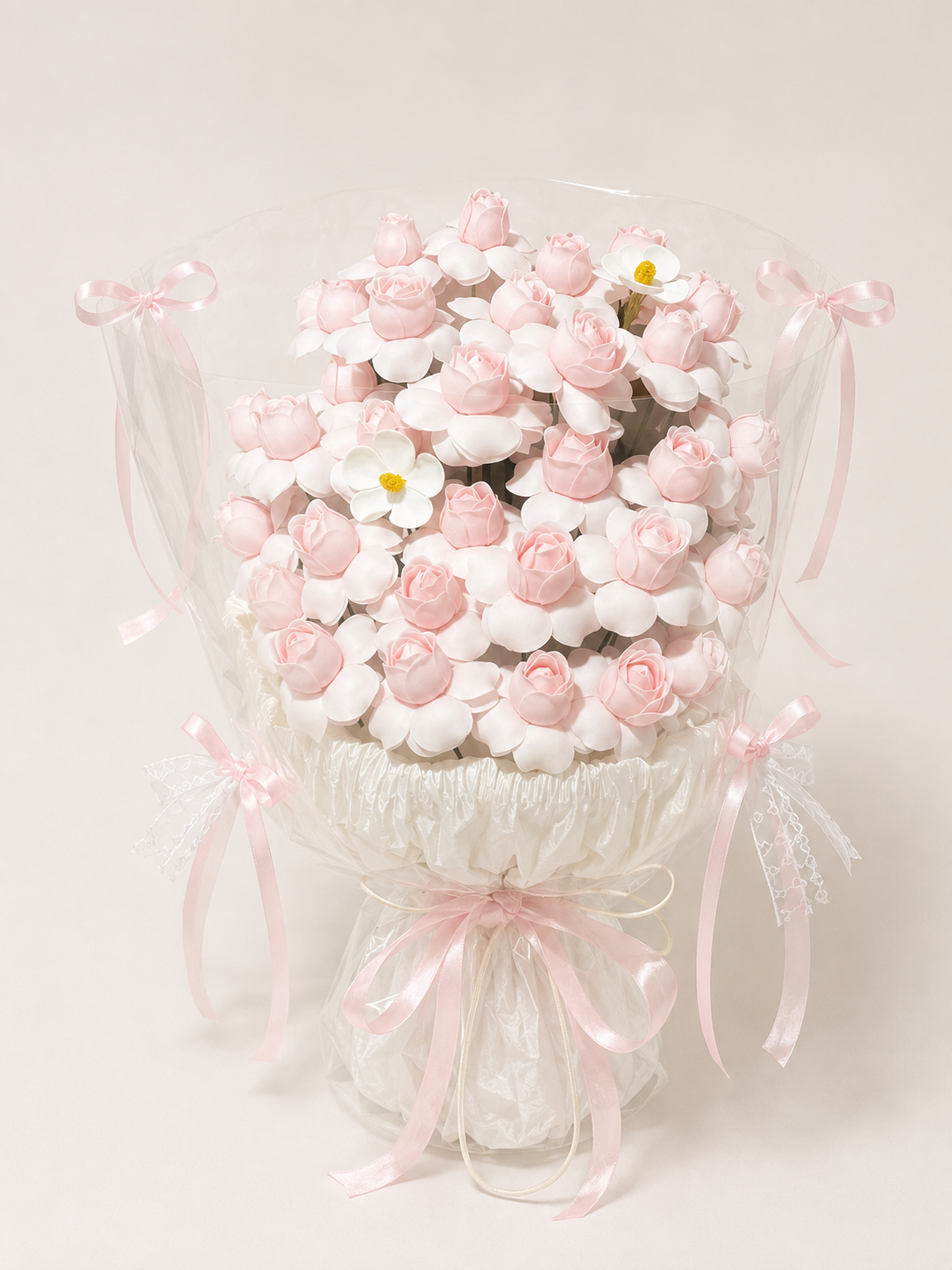 Pink Ivory Blossom Clear Wrap Bouquet – front product view