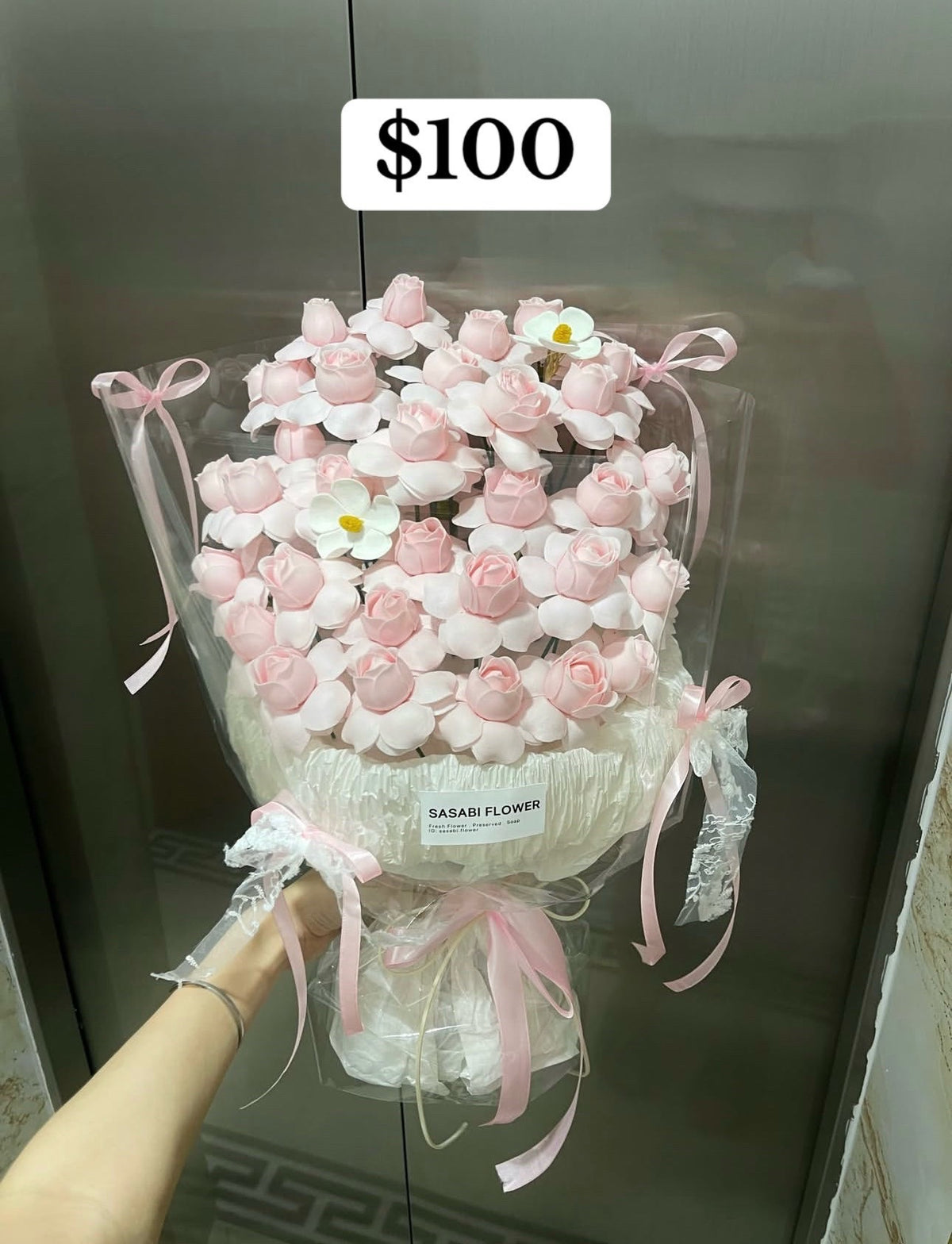 Pink Ivory Blossom Clear Wrap Bouquet – design reference photo
