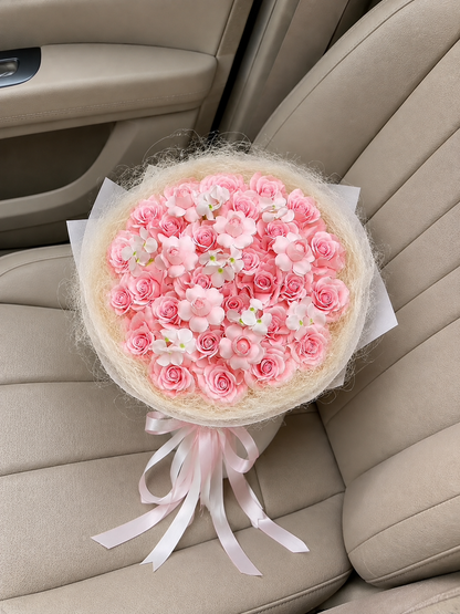 Pink Rose Blossom Halo Bouquet – high-angle bouquet on parked car seat