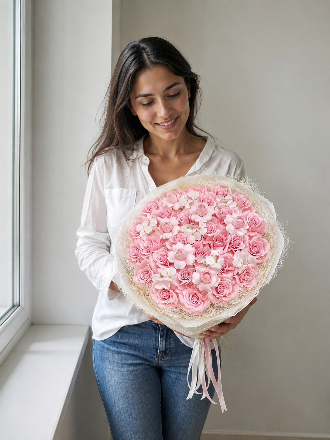 Pink Rose Blossom Halo Bouquet – AI-assisted model holding bouquet at an angle