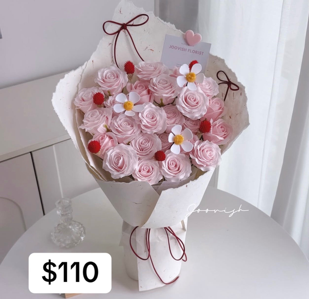 Pink Rose Daisy Burgundy Ribbon Bouquet – design reference photo