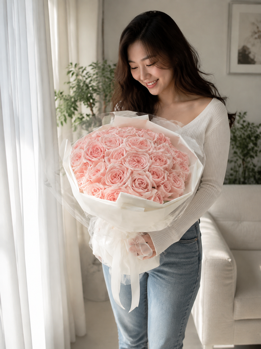 Pink Rose Ivory Classic Bouquet – AI-assisted model holding bouquet at an angle