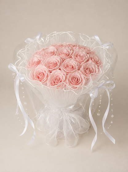 Pink Rose Pearl Ruffle Bouquet — front view; AI-assisted design illustration