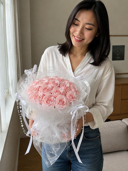 Pink Rose Pearl Ruffle Bouquet — angled person-held view; AI-assisted design illustration