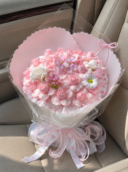 Pink Rose Spring Blossom Bouquet – high-angle bouquet on parked car seat