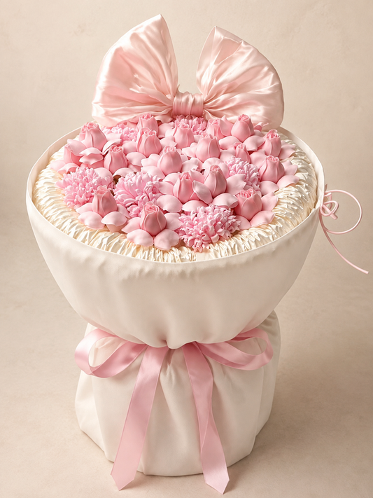 Pink Rosebud Bow Celebration Bouquet – the pictured pink rosebud and carnation design; size is illustrative – AI-assisted front view