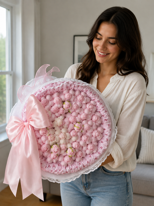 Pink Rosebud Satin Ruffle Bouquet – AI-assisted model holding bouquet at an angle