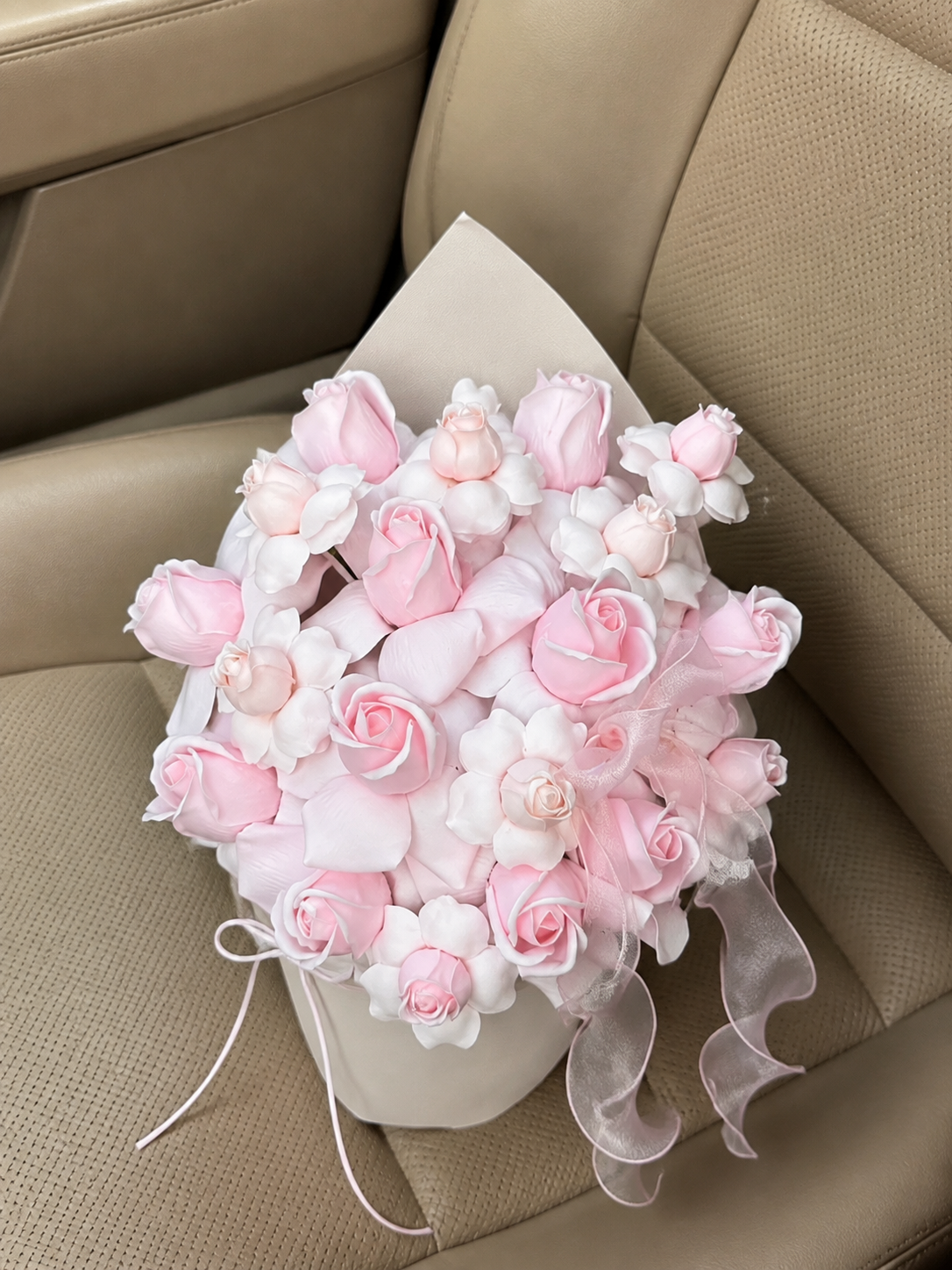 Pink Tulip Blossom Petite Bouquet — overhead car-seat view; AI-assisted design illustration
