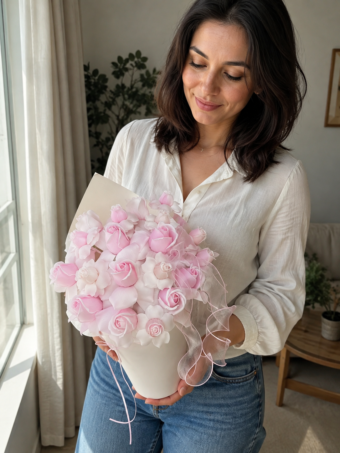 Pink Tulip Blossom Petite Bouquet — angled person-held view; AI-assisted design illustration