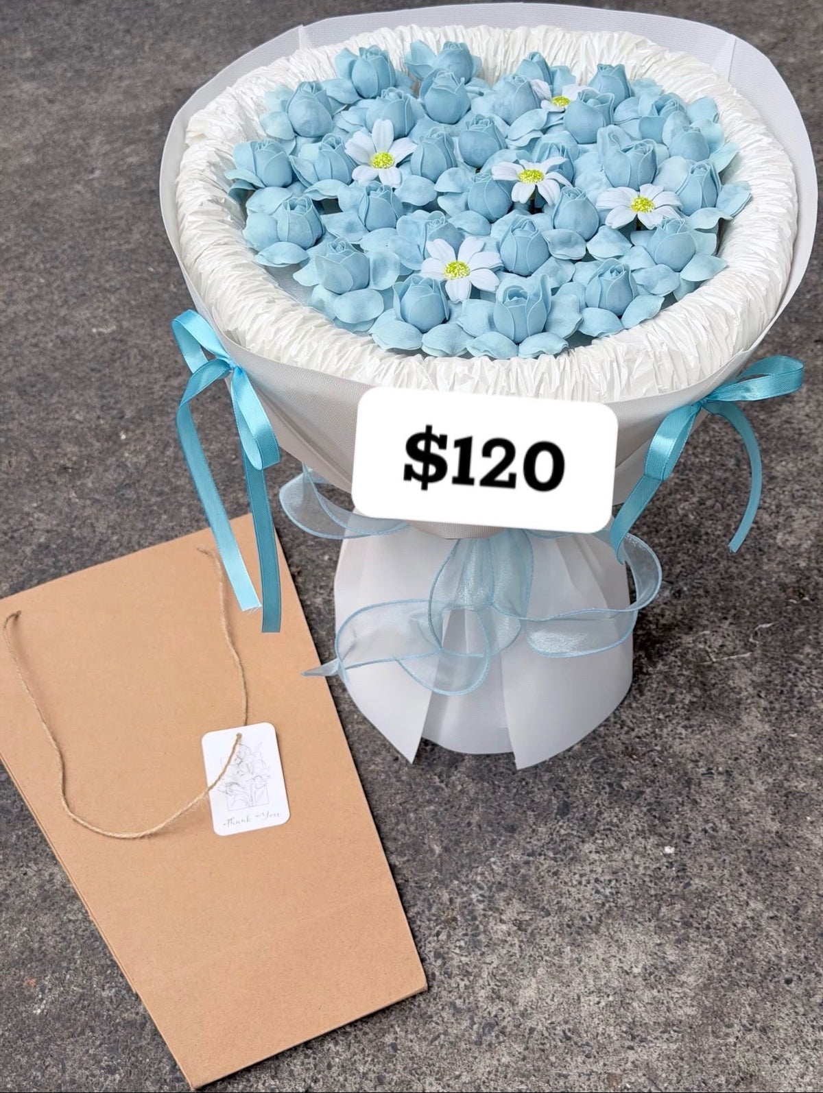 Powder Blue Tulip Daisy Bouquet – design reference photo