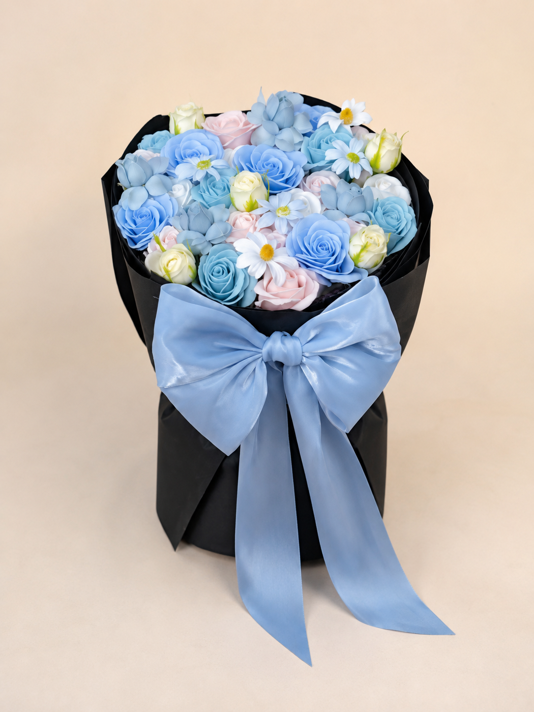Rose Daisy Signature Bouquet – Sky Blue – AI-assisted front view