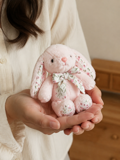 Soft Bunny Keepsake Gift – Blush Pink bunny – AI-assisted model-held angled view