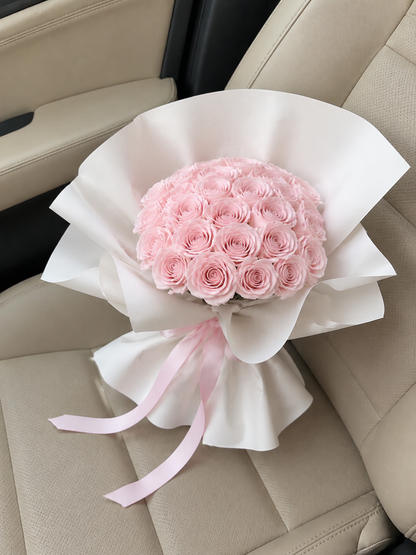 Soft Rose Ribbon Bouquet – Blush Pink – AI-assisted high-angle parked car view