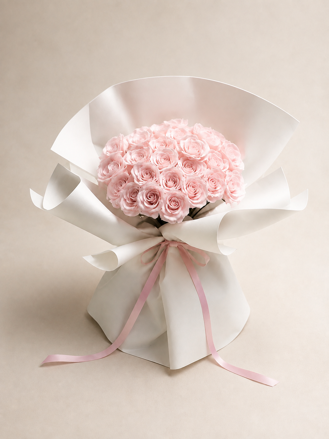Soft Rose Ribbon Bouquet – Blush Pink – AI-assisted front view