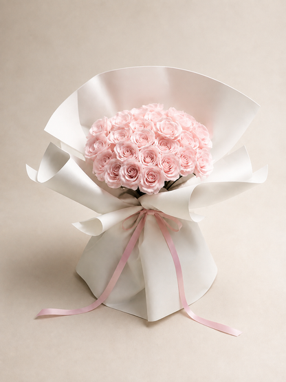 Soft Rose Ribbon Bouquet – Blush Pink – AI-assisted front view