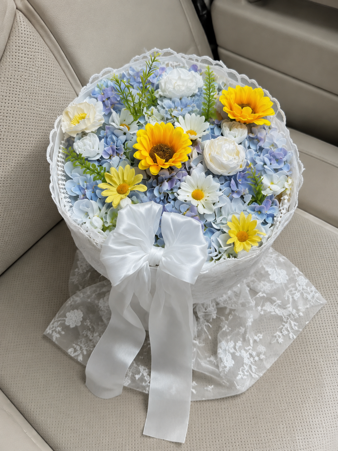 Sunflower Hydrangea Lace Bouquet – Sky Blue – AI-assisted high-angle parked car view