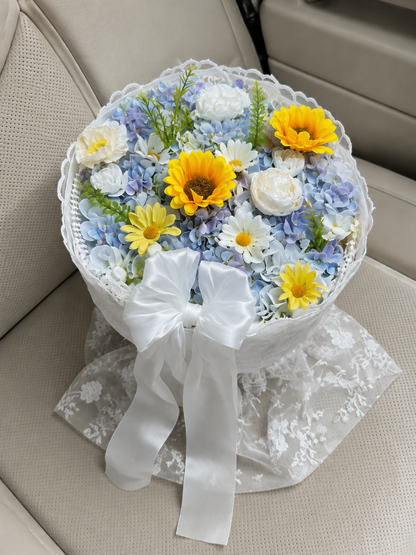 Sunflower Hydrangea Lace Bouquet – Sky Blue – AI-assisted high-angle parked car view