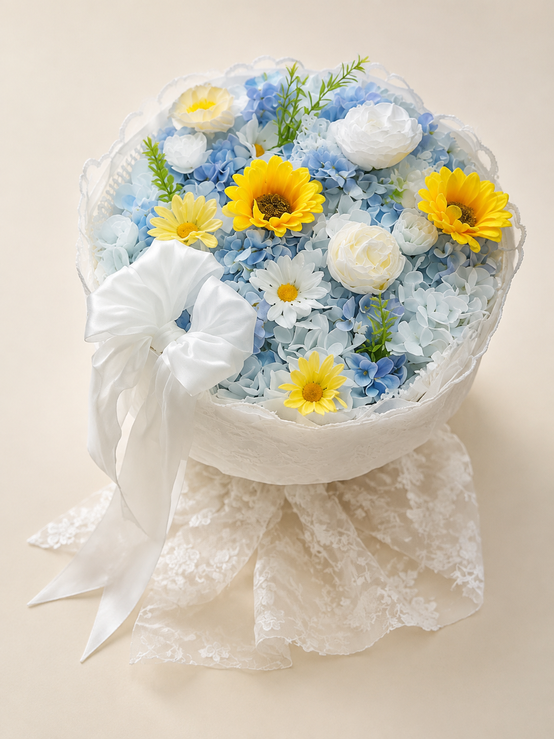 Sunflower Hydrangea Lace Bouquet – Sky Blue – AI-assisted front view