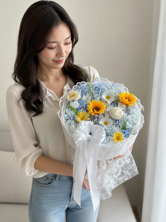 Sunflower Hydrangea Lace Bouquet – Sky Blue – AI-assisted model-held angled view
