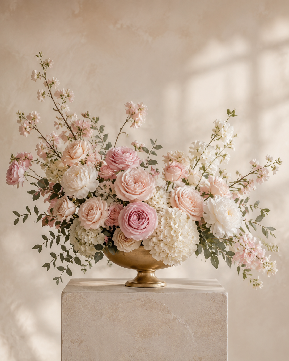 Blush and ivory silk wedding centerpiece in a gold bowl