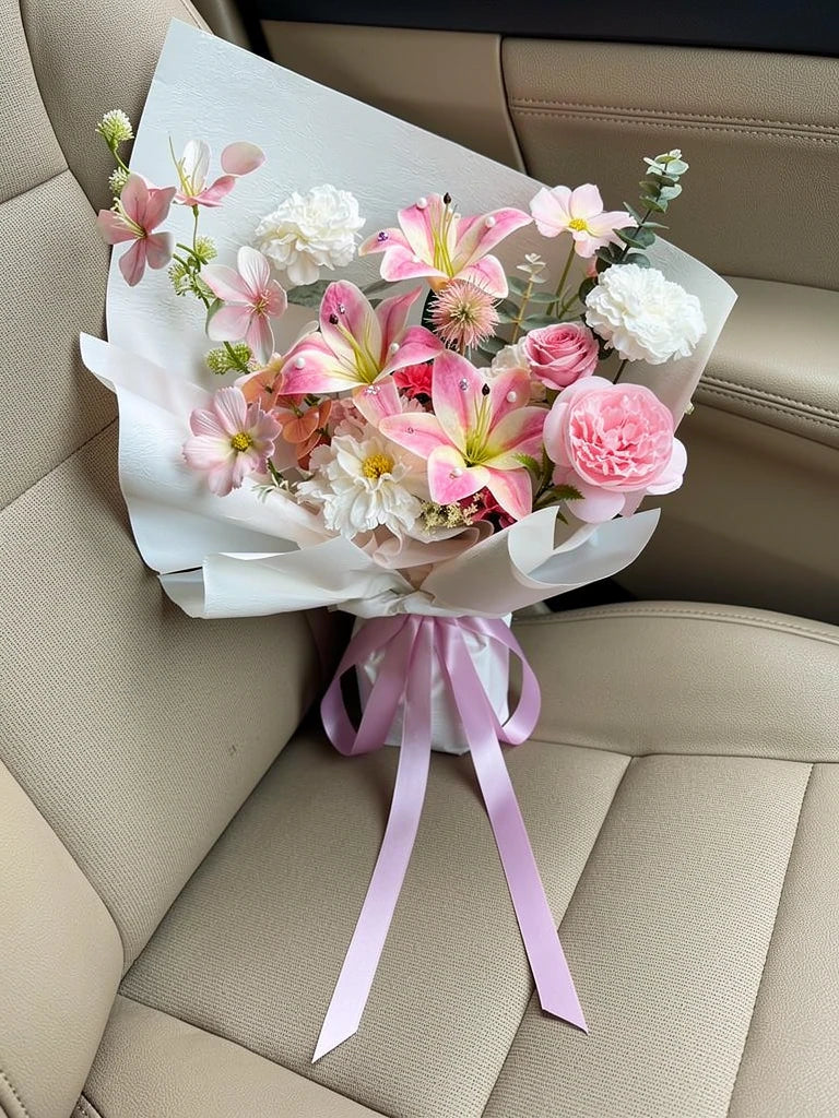 Garden Lily Rose Celebration Bouquet, Medium, high-angle car-seat view; AI lifestyle illustration